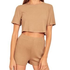 Reformation Jeans Size S Marble Tan 2 Two Piece Ribbed Wesley T-Shirt Short Set